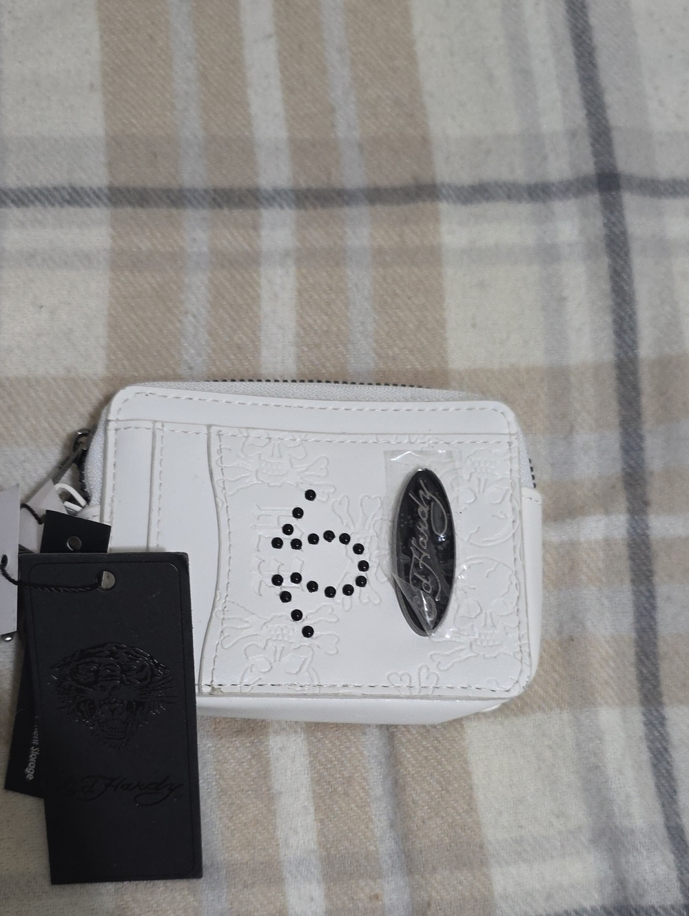 Ed Hardy White Embossed Zip Card Wallet with Black Studs